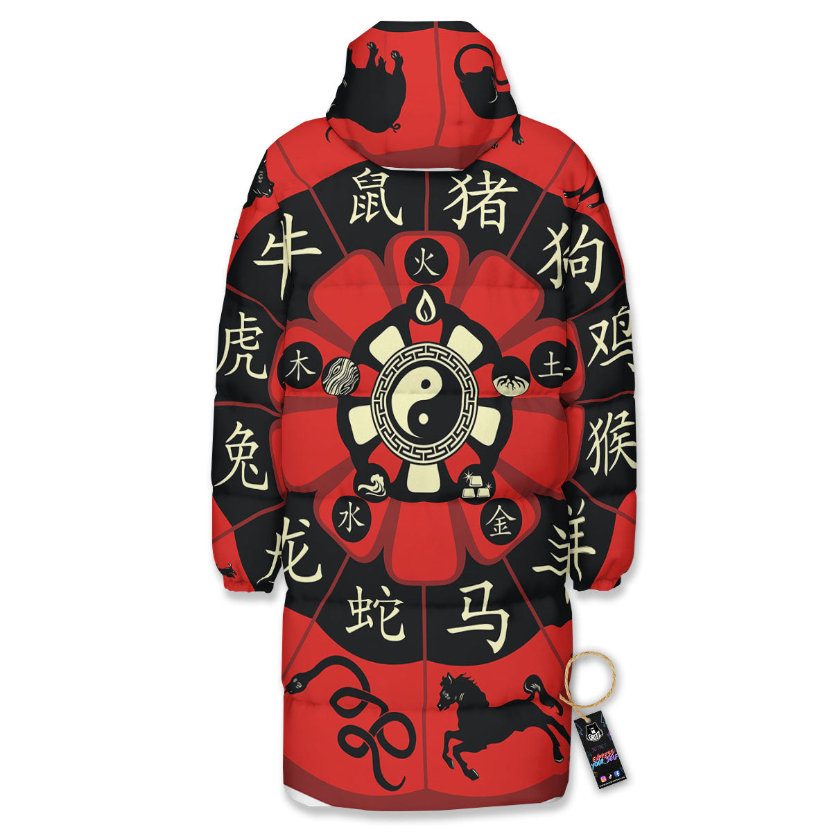 Chinese Zodiac Wheel Yin Yang Print Long Down Jacket-grizzshop