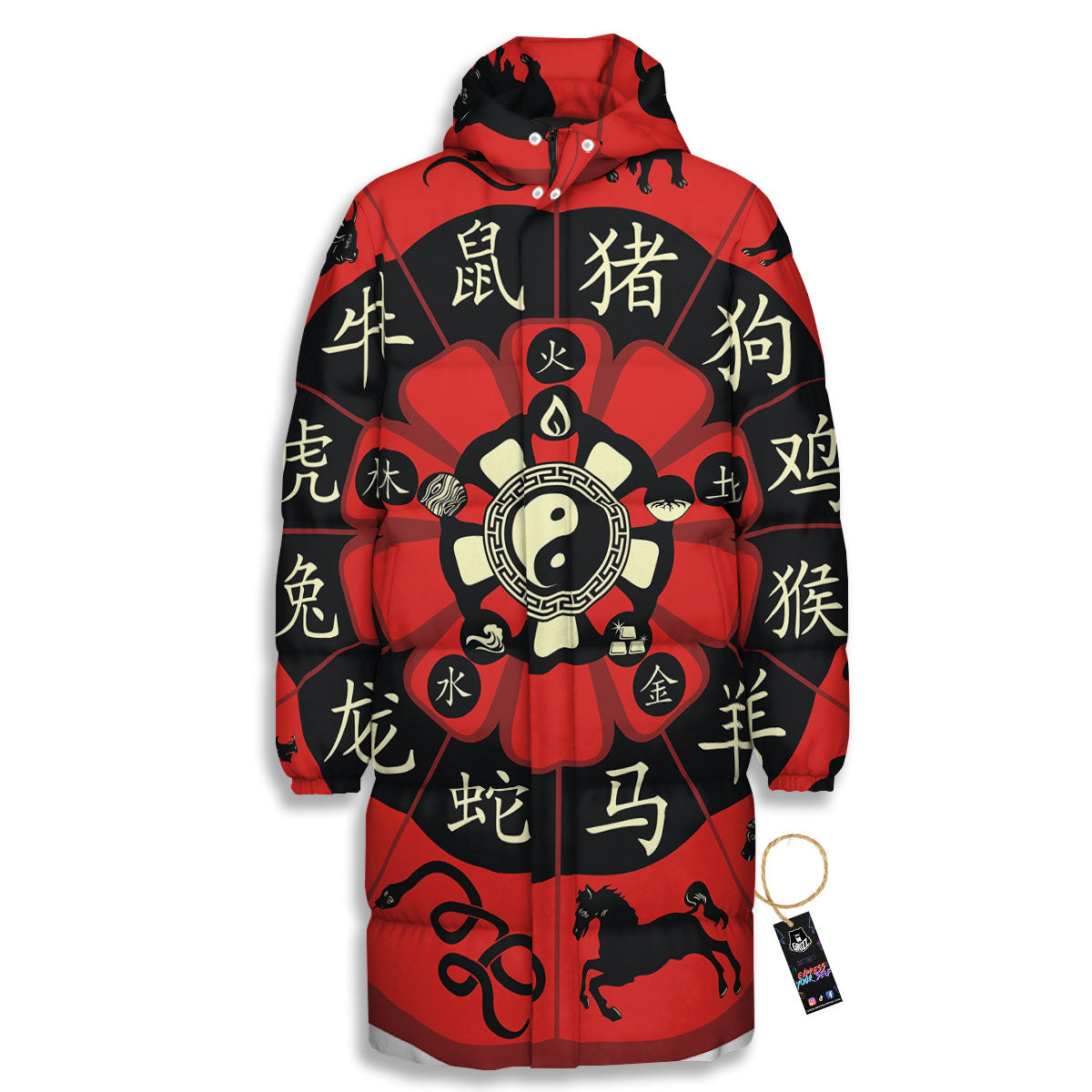 Chinese Zodiac Wheel Yin Yang Print Long Down Jacket-grizzshop