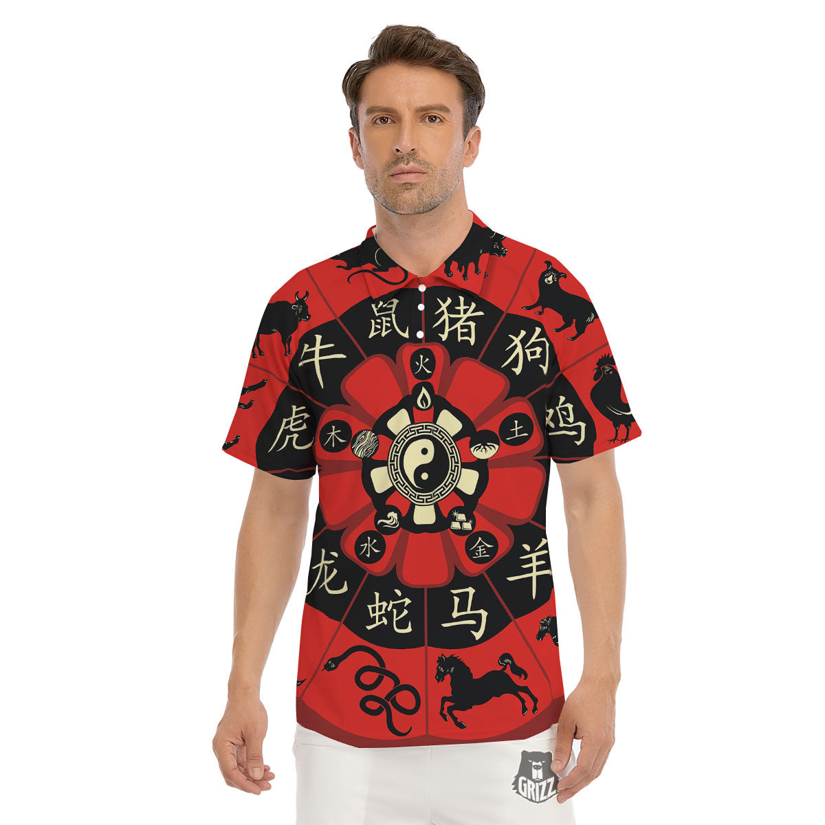 Chinese Zodiac Wheel Yin Yang Print Men's Golf Shirts-grizzshop