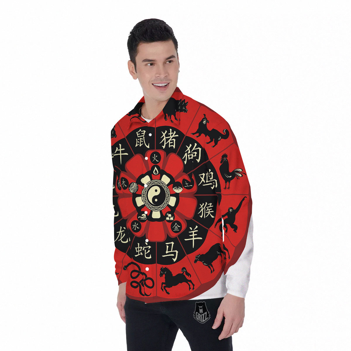 Chinese Zodiac Wheel Yin Yang Print Men's Long Sleeve Shirts-grizzshop