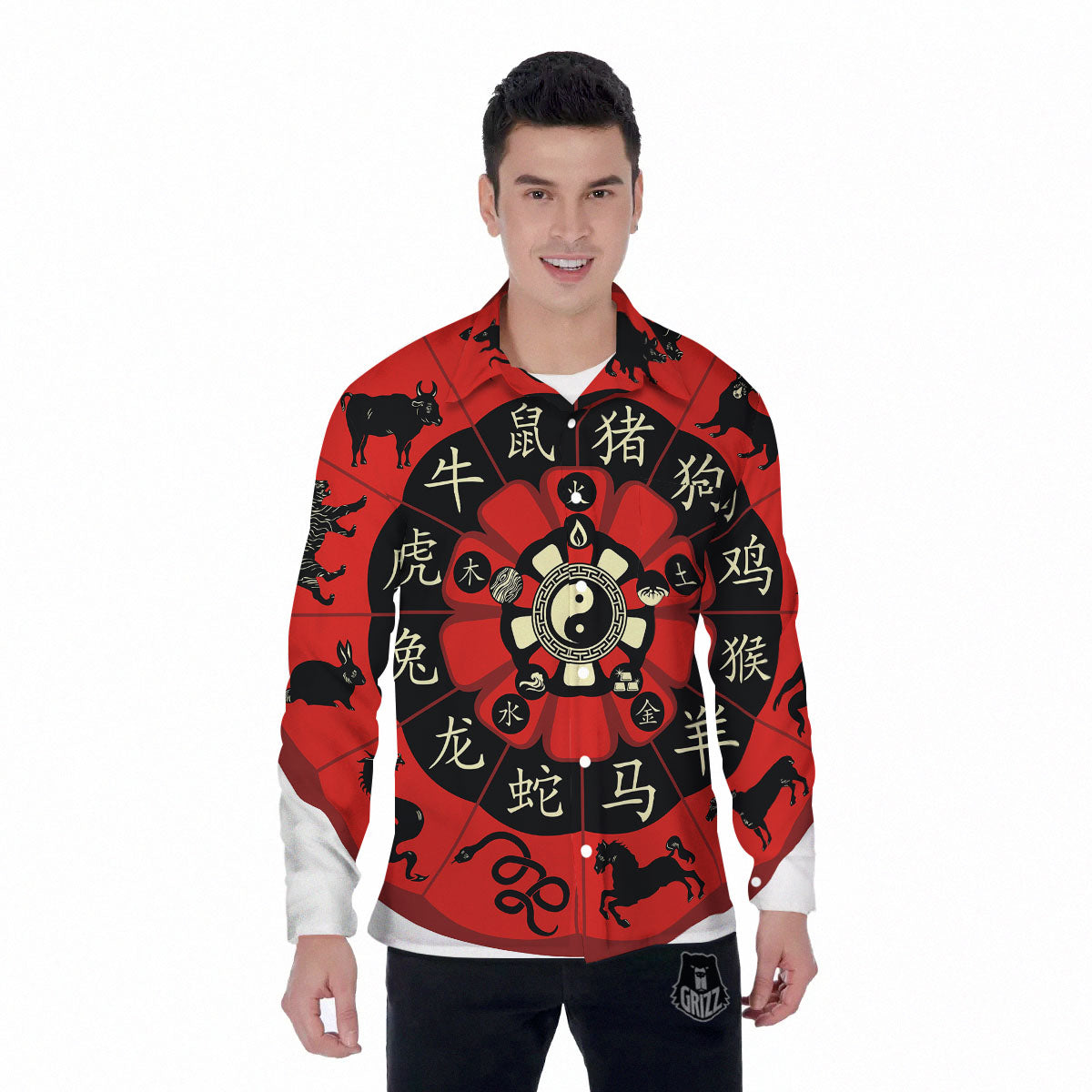 Chinese Zodiac Wheel Yin Yang Print Men's Long Sleeve Shirts-grizzshop