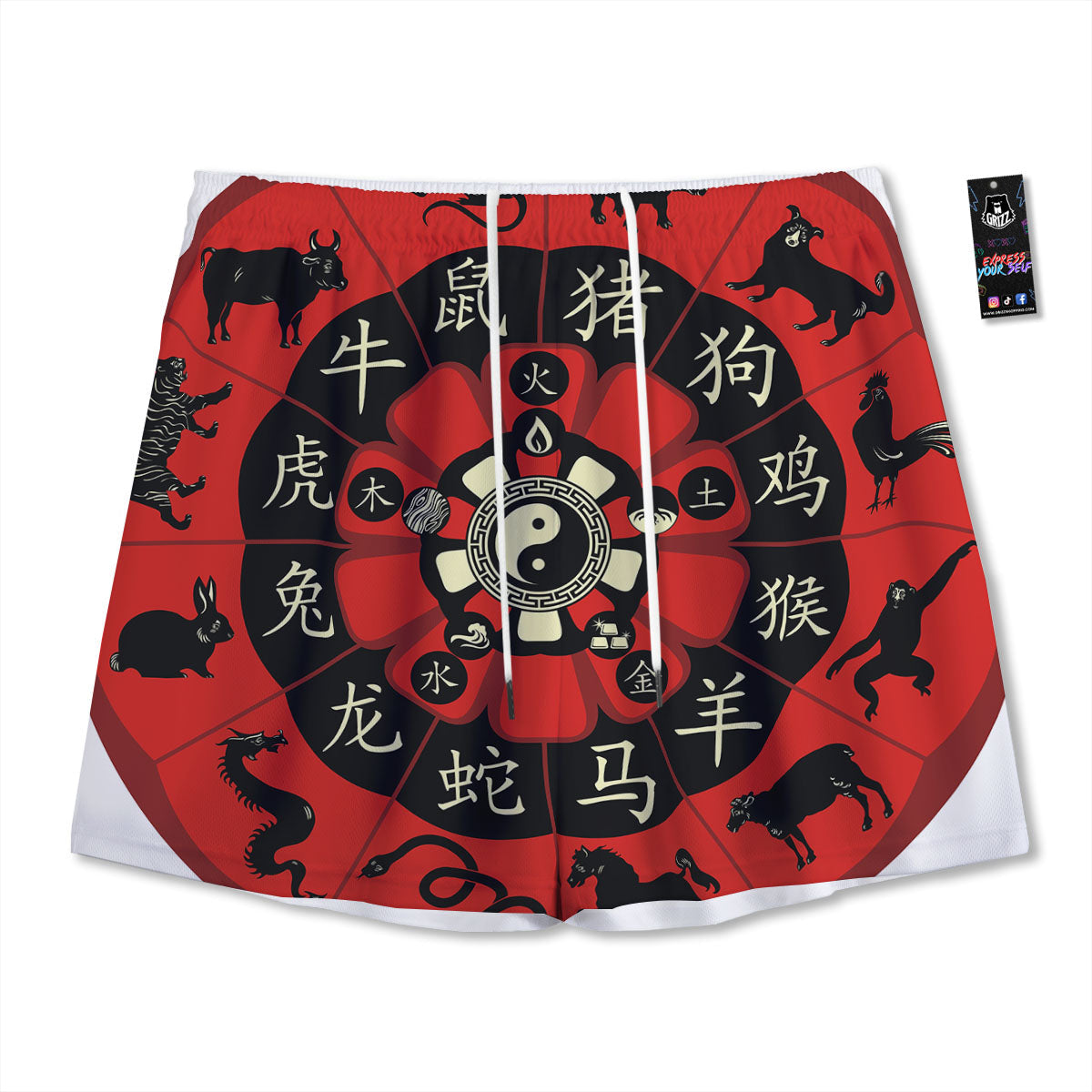 Chinese Zodiac Wheel Yin Yang Print Mesh Shorts