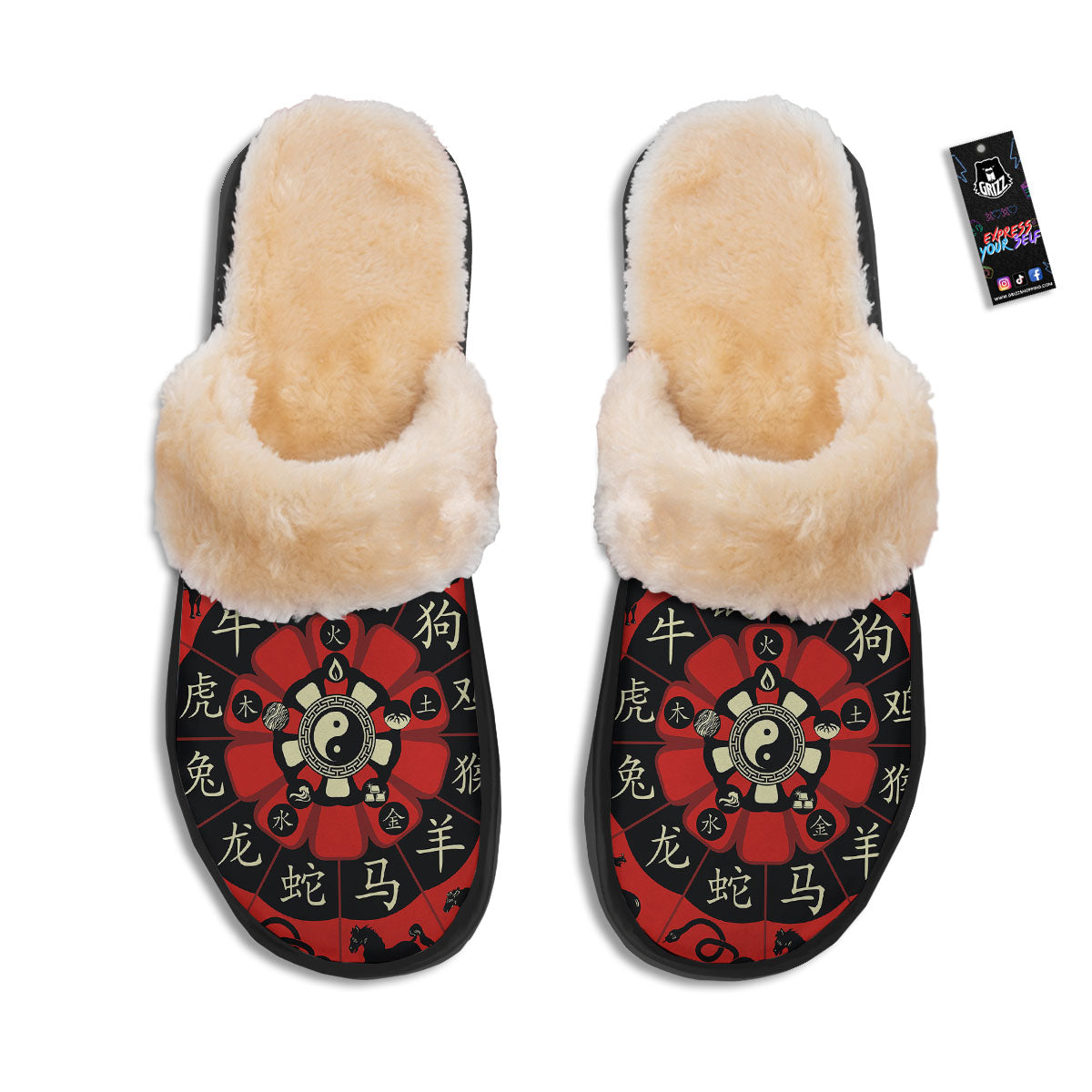 Chinese Zodiac Wheel Yin Yang Print Slippers-grizzshop