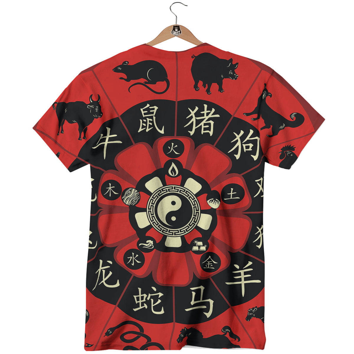 Chinese Zodiac Wheel Yin Yang Print T-Shirt-grizzshop
