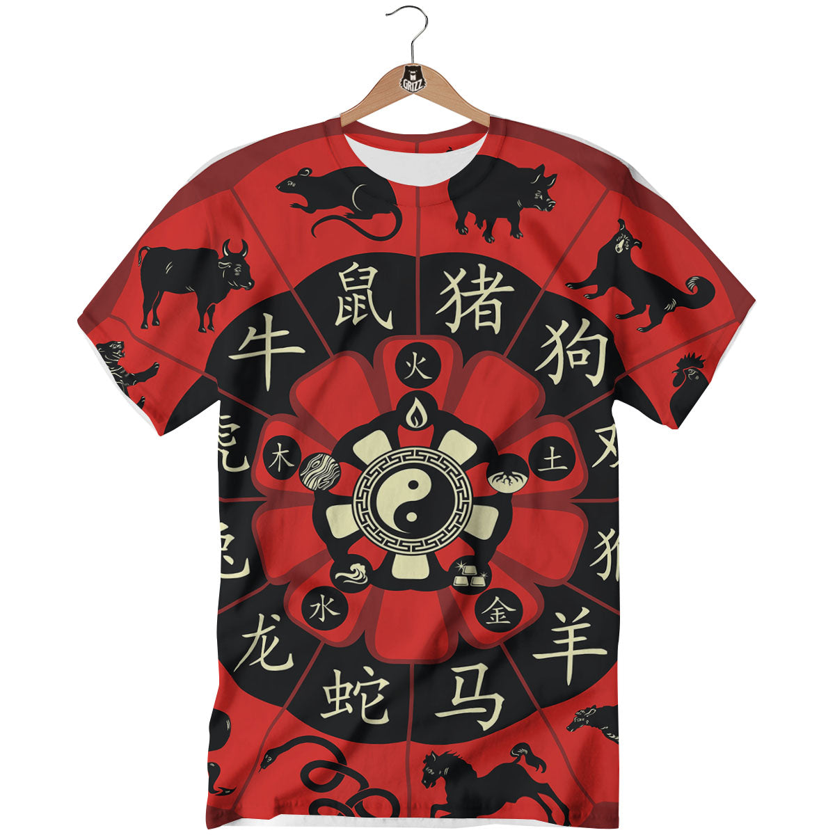 Chinese Zodiac Wheel Yin Yang Print T-Shirt-grizzshop