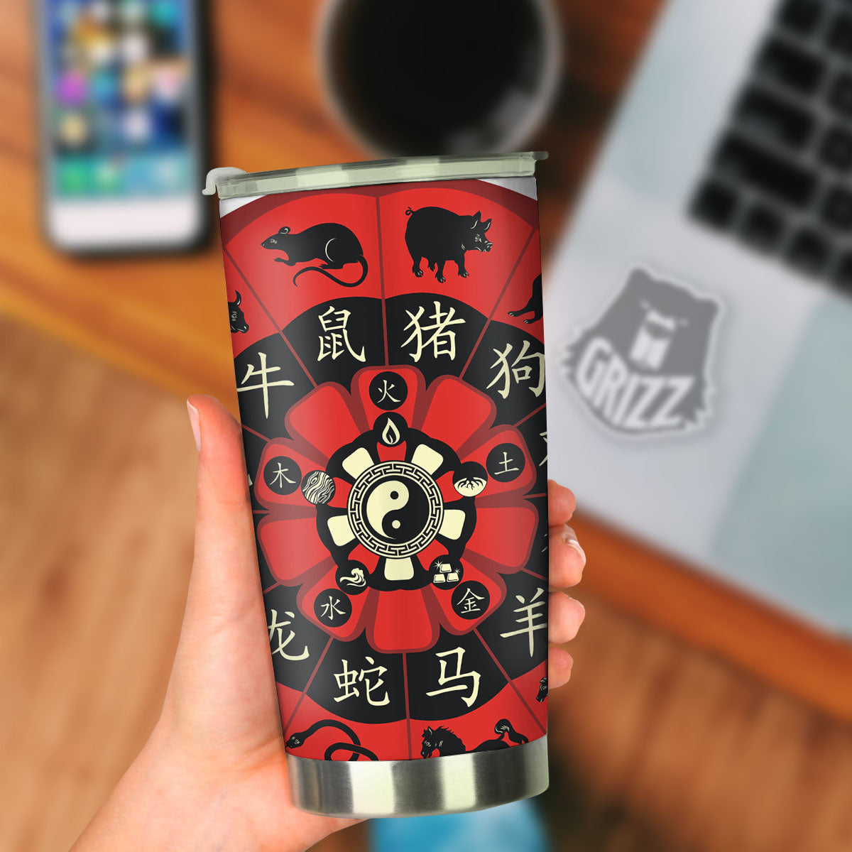 Chinese Zodiac Wheel Yin Yang Print Tumbler-grizzshop
