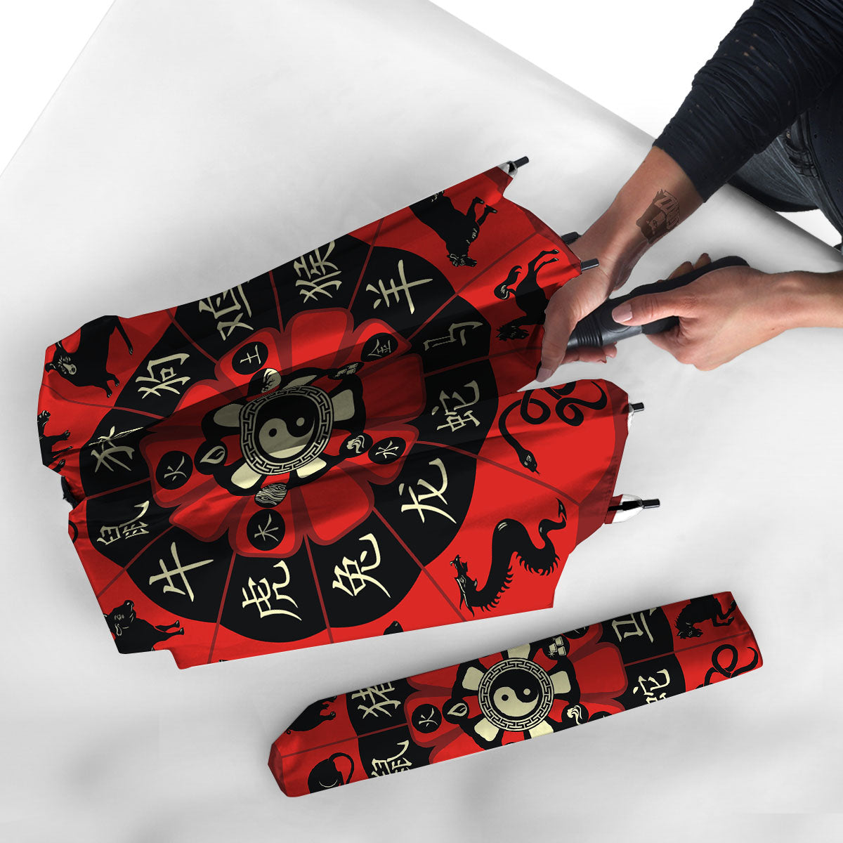 Chinese Zodiac Wheel Yin Yang Print Umbrella-grizzshop