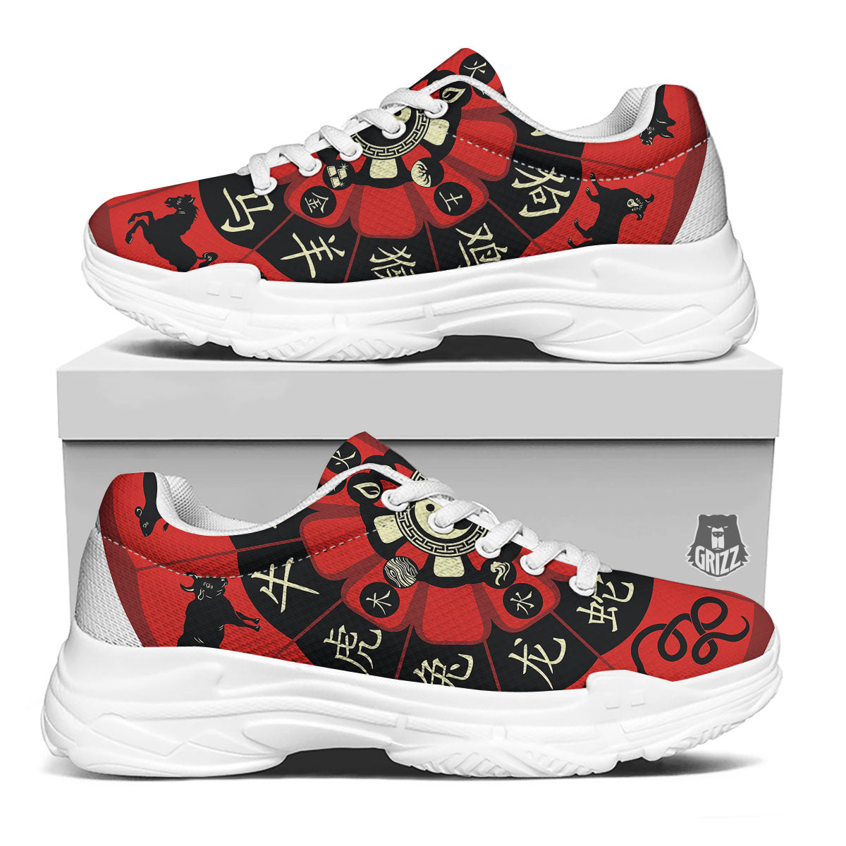 Chinese Zodiac Wheel Yin Yang Print White Chunky Shoes-grizzshop