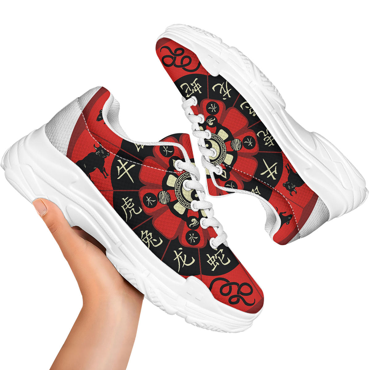 Chinese Zodiac Wheel Yin Yang Print White Chunky Shoes-grizzshop