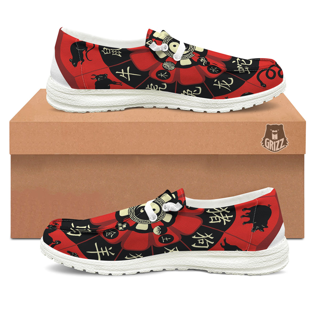 Chinese Zodiac Wheel Yin Yang Print White Loafers-grizzshop