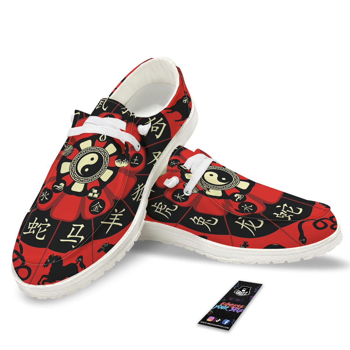 Chinese Zodiac Wheel Yin Yang Print White Loafers-grizzshop