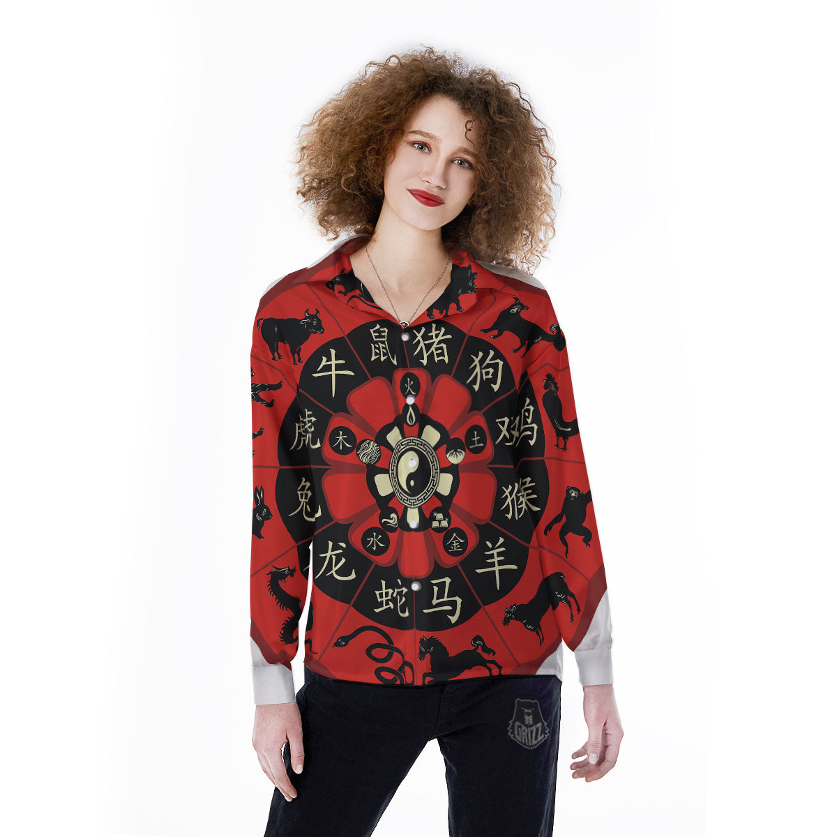 Chinese Zodiac Wheel Yin Yang Print Women's Long Sleeve Shirts-grizzshop