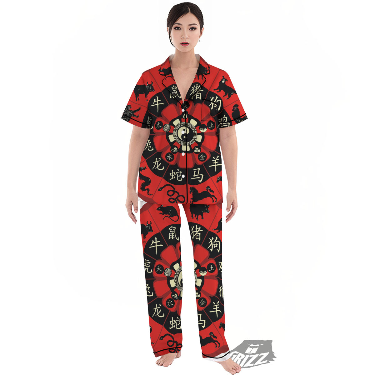 Chinese Zodiac Wheel Yin Yang Print Women's Pajamas Set-grizzshop