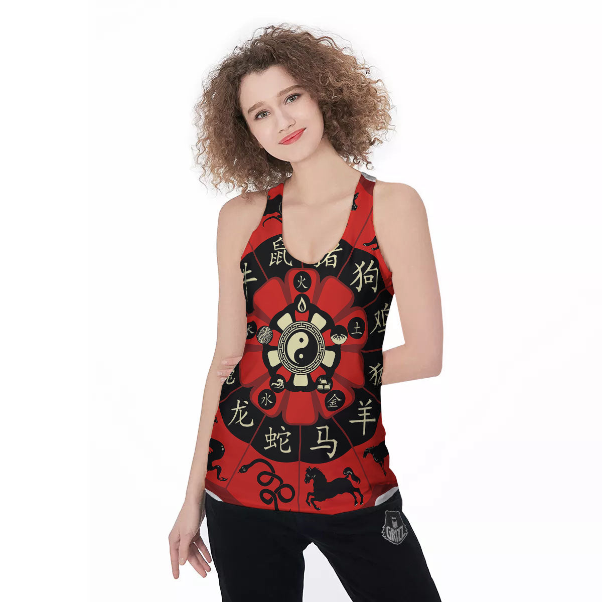 Chinese Zodiac Wheel Yin Yang Print Women's Racerback Tank Top-grizzshop