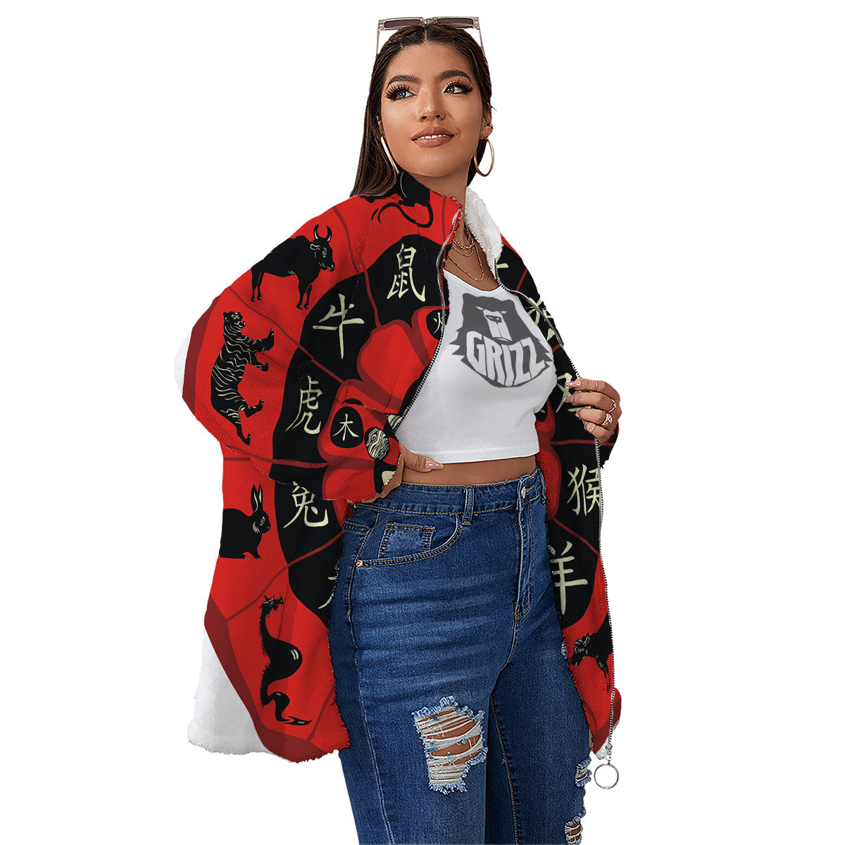 Chinese Zodiac Wheel Yin Yang Print Women's Sherpa Jacket-grizzshop