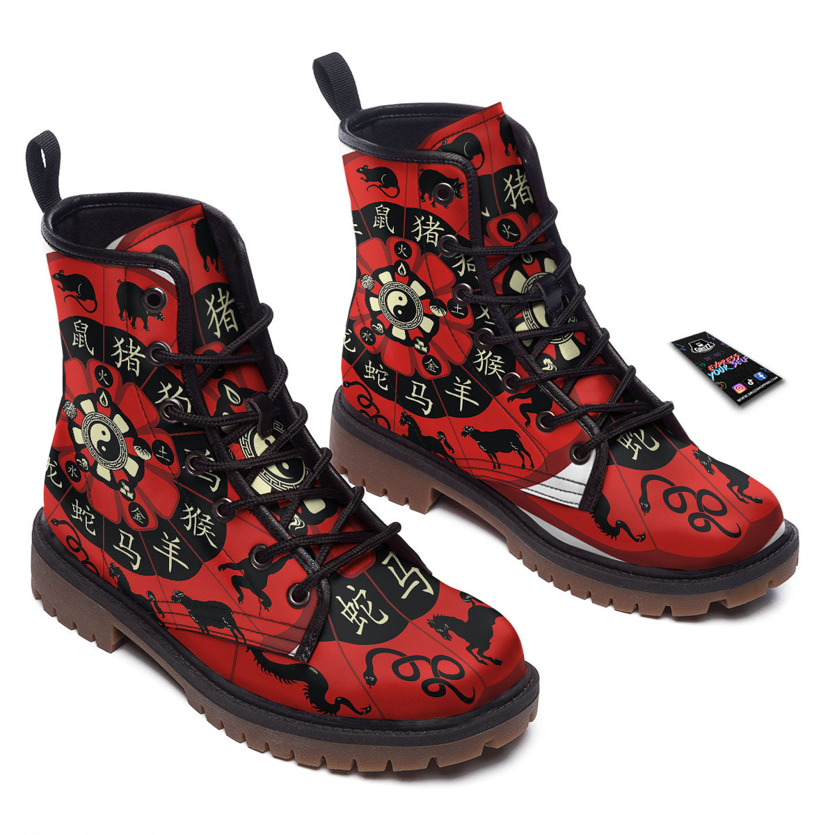 Chinese Zodiac Wheel Yin Yang Print Work Boots-grizzshop