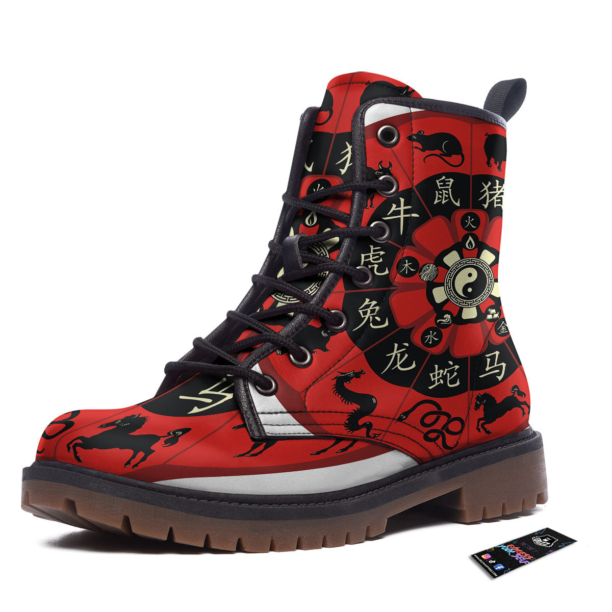 Chinese Zodiac Wheel Yin Yang Print Work Boots-grizzshop