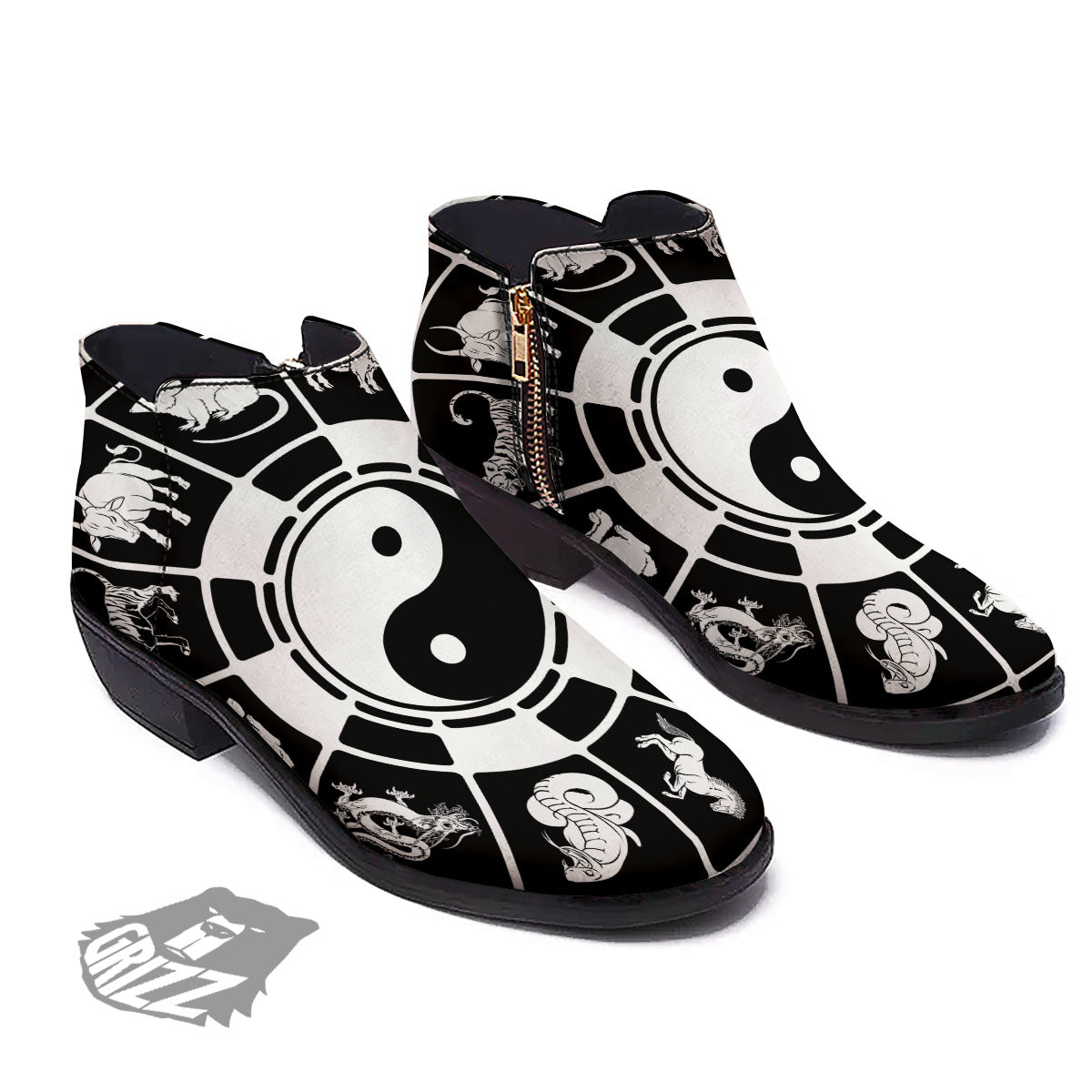 Chinese Zodiac White And Black Print Ankle Boots-grizzshop
