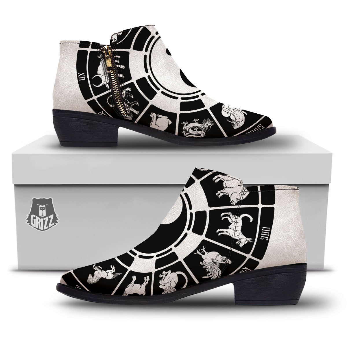 Chinese Zodiac White And Black Print Ankle Boots-grizzshop