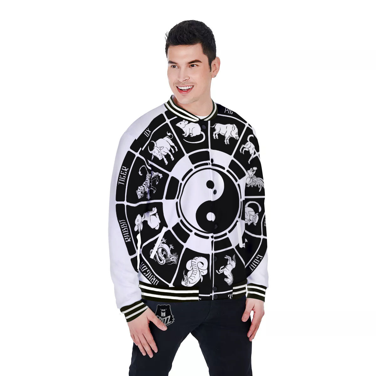 Chinese Zodiac White And Black Print Baseball Jacket-grizzshop