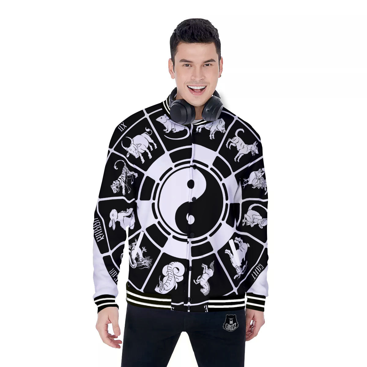 Chinese Zodiac White And Black Print Baseball Jacket-grizzshop