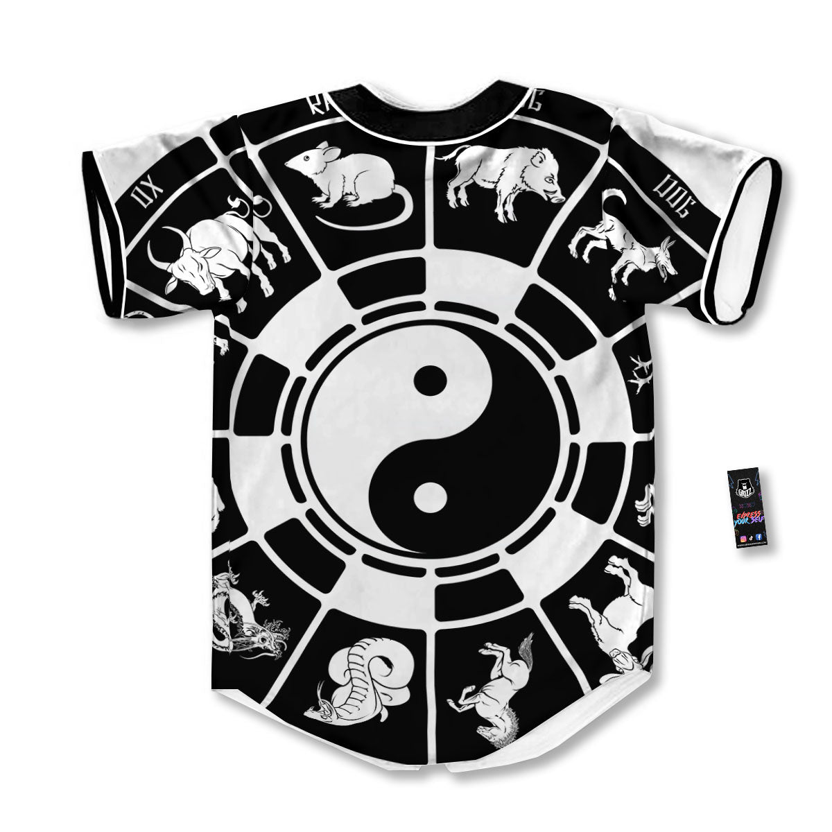 Chinese Zodiac White And Black Print Baseball Jersey-grizzshop