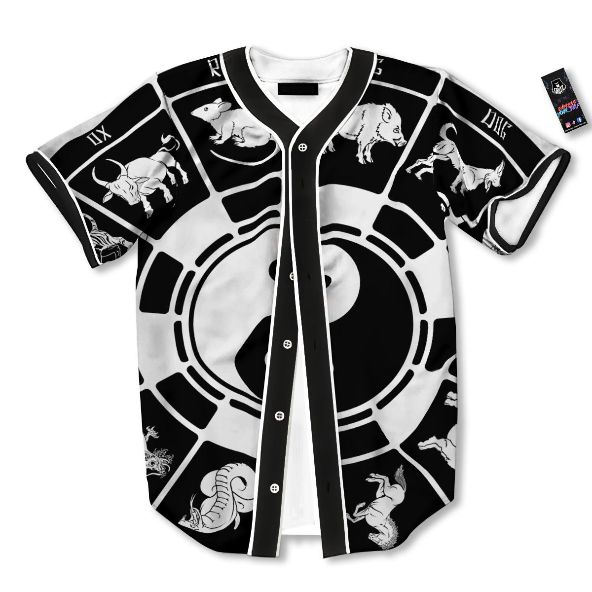 Chinese Zodiac White And Black Print Baseball Jersey-grizzshop