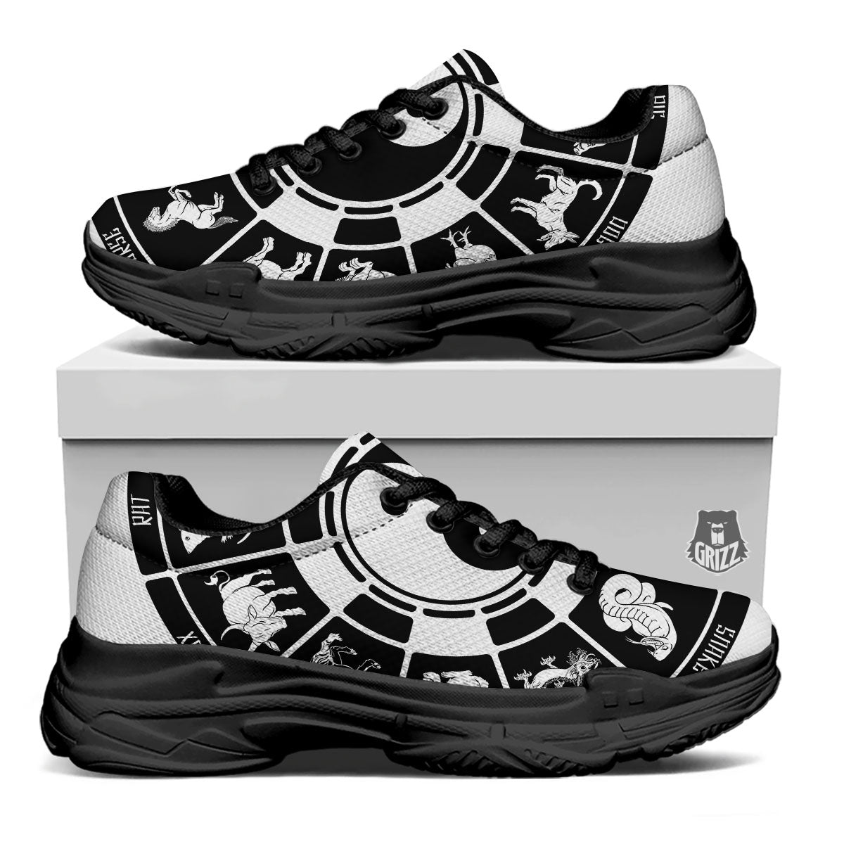 Chinese Zodiac White And Black Print Black Chunky Shoes-grizzshop