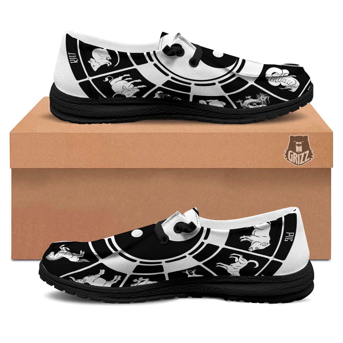 Chinese Zodiac White And Black Print Black Loafers-grizzshop