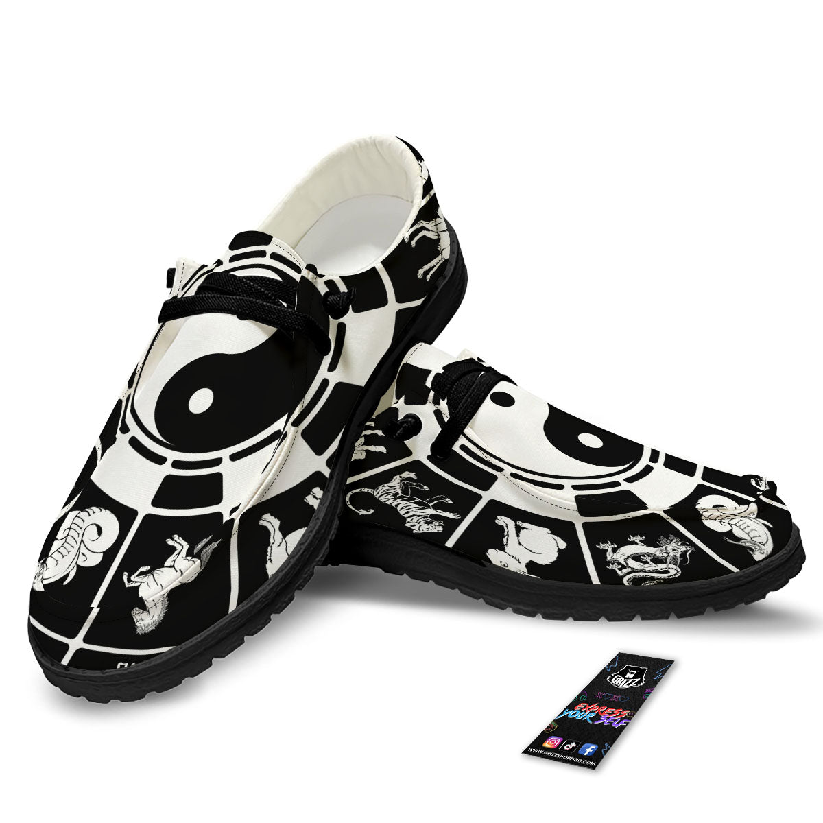 Chinese Zodiac White And Black Print Black Loafers-grizzshop
