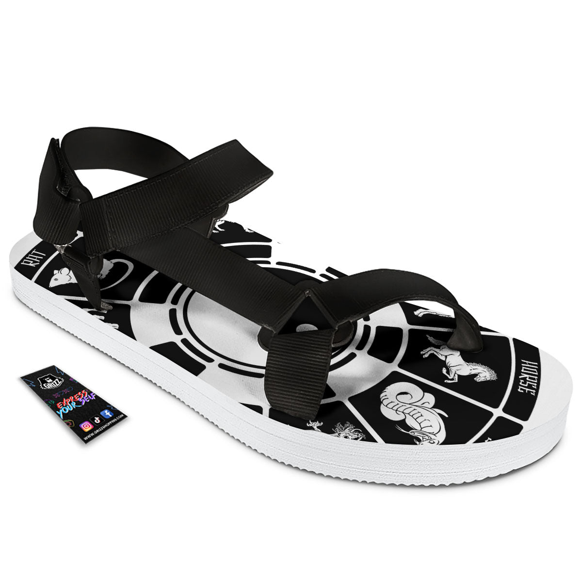 Chinese Zodiac White And Black Print Black Open Toe Sandals-grizzshop