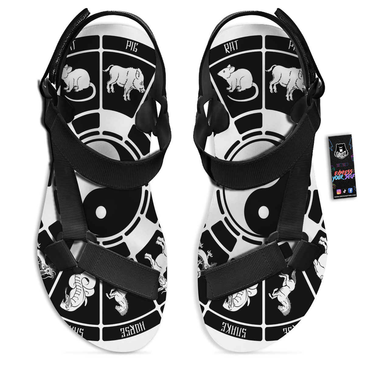 Chinese Zodiac White And Black Print Black Open Toe Sandals-grizzshop