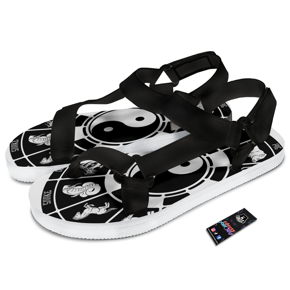 Chinese Zodiac White And Black Print Black Open Toe Sandals-grizzshop
