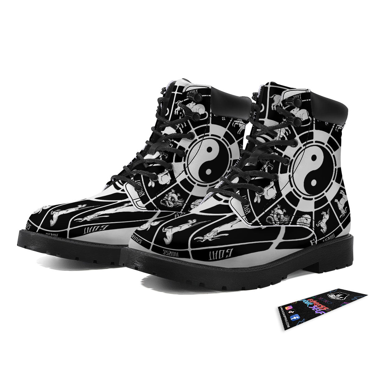 Chinese Zodiac White And Black Print Boots-grizzshop
