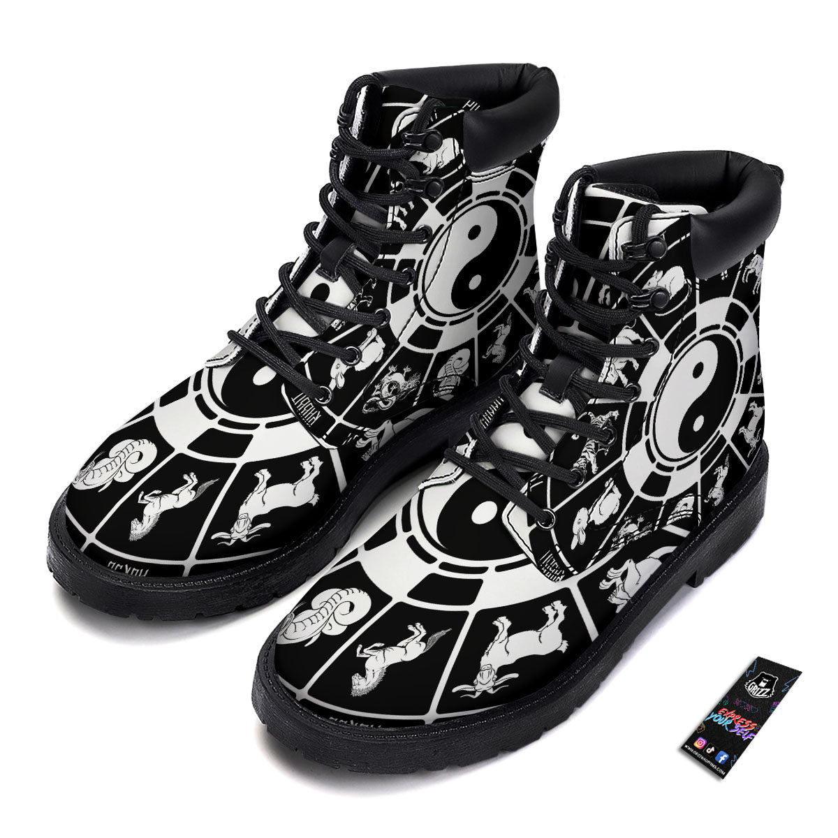 Chinese Zodiac White And Black Print Boots-grizzshop