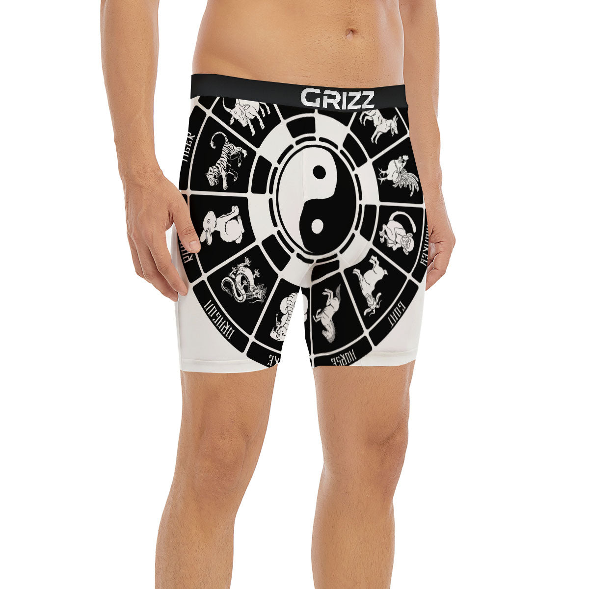 Chinese Zodiac White And Black Print Boxer Briefs-grizzshop
