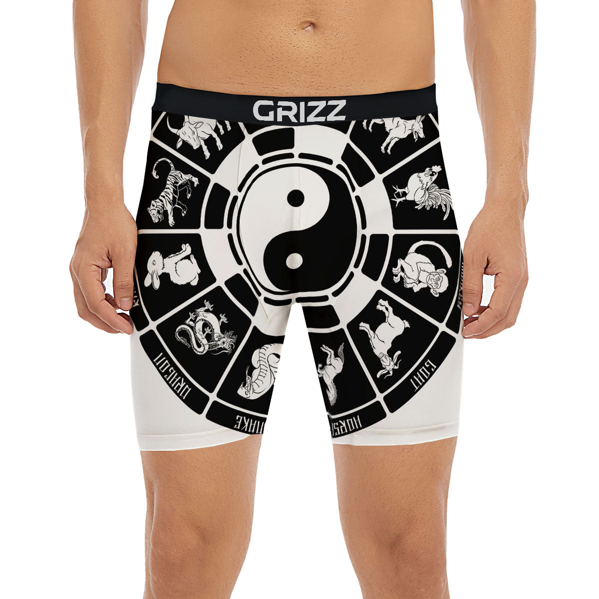 Chinese Zodiac White And Black Print Boxer Briefs-grizzshop