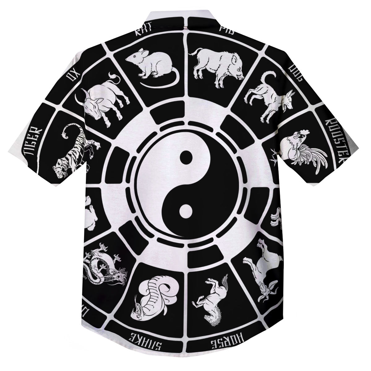 Chinese Zodiac White And Black Print Button Up Shirt-grizzshop