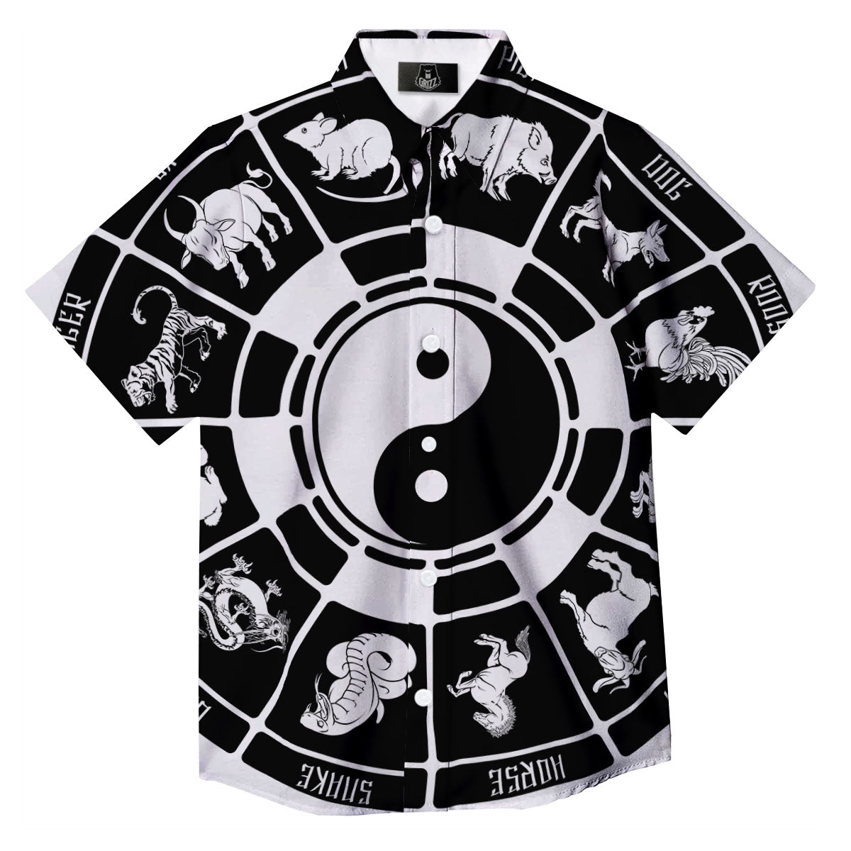 Chinese Zodiac White And Black Print Button Up Shirt-grizzshop