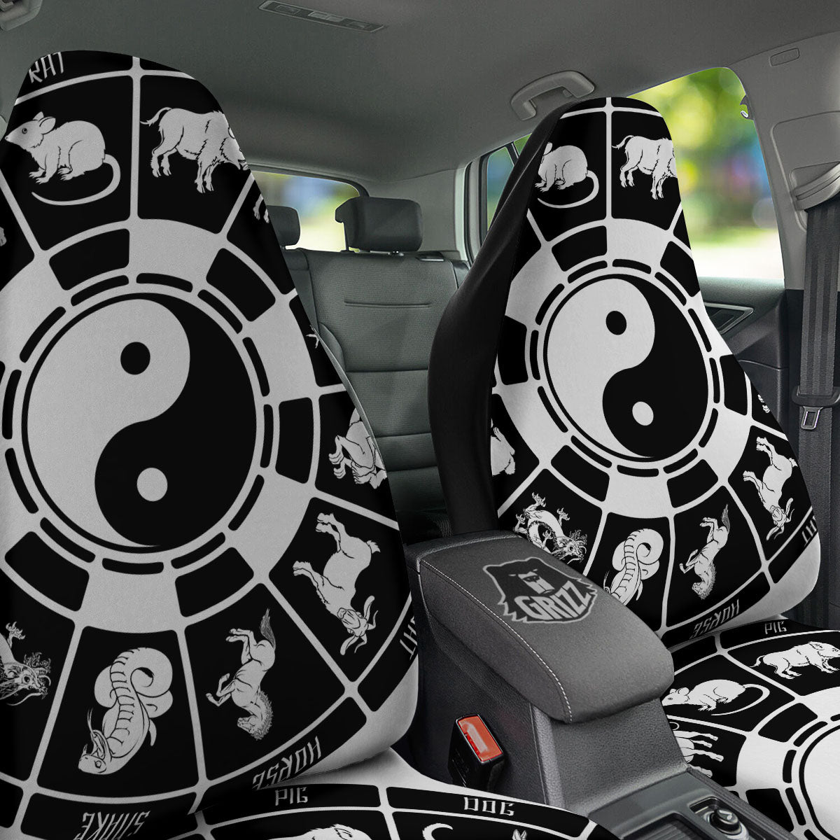 Chinese Zodiac White And Black Print Car Seat Covers-grizzshop