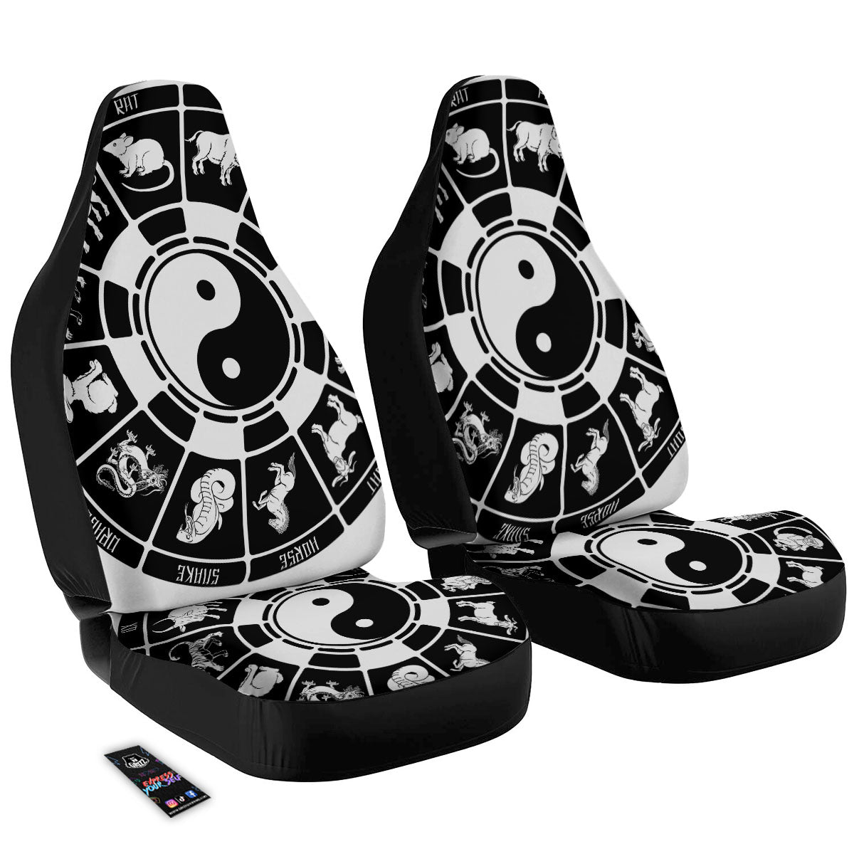 Chinese Zodiac White And Black Print Car Seat Covers-grizzshop