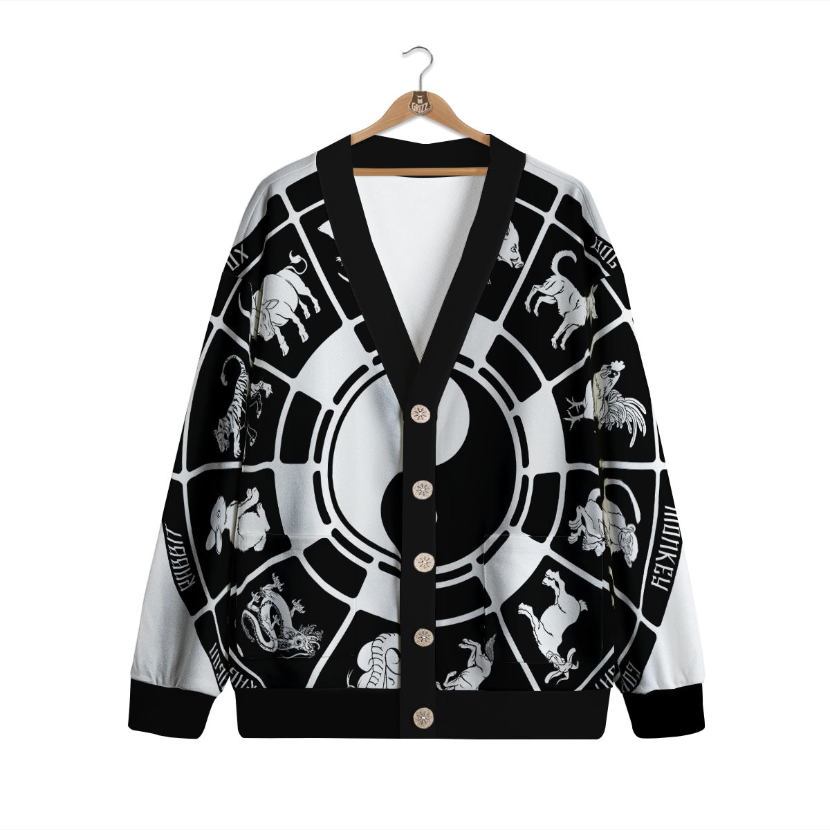 Chinese Zodiac White And Black Print Cardigan-grizzshop