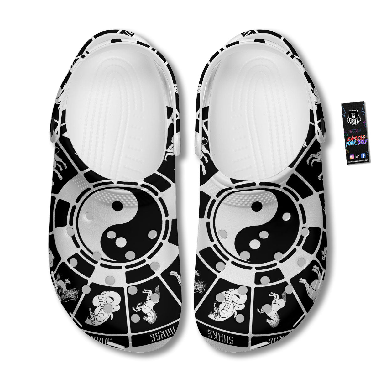 Chinese Zodiac White And Black Print Clog-grizzshop