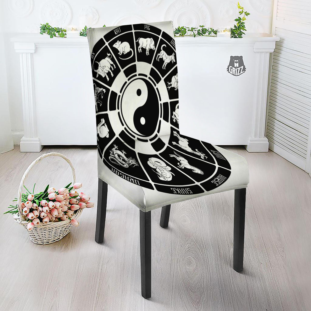 Chinese Zodiac White And Black Print Dining Chair Slipcover-grizzshop