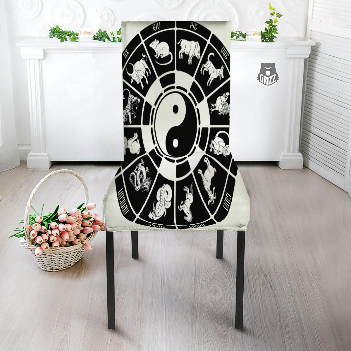 Chinese Zodiac White And Black Print Dining Chair Slipcover-grizzshop