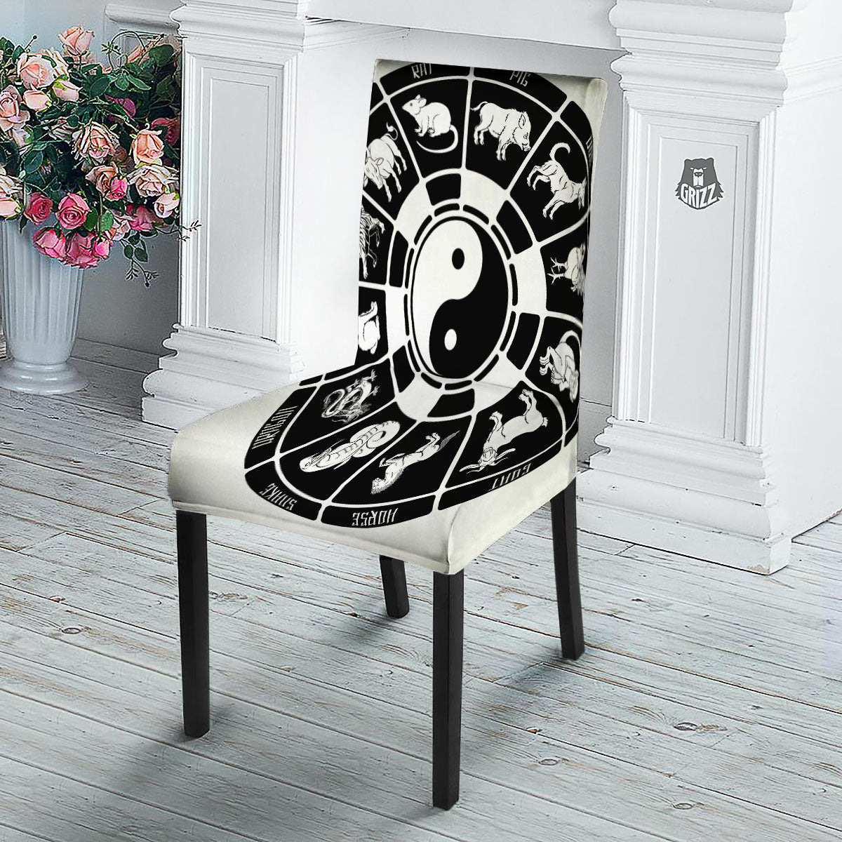 Chinese Zodiac White And Black Print Dining Chair Slipcover-grizzshop