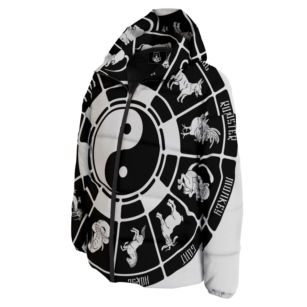 Chinese Zodiac White And Black Print Down Jacket-grizzshop