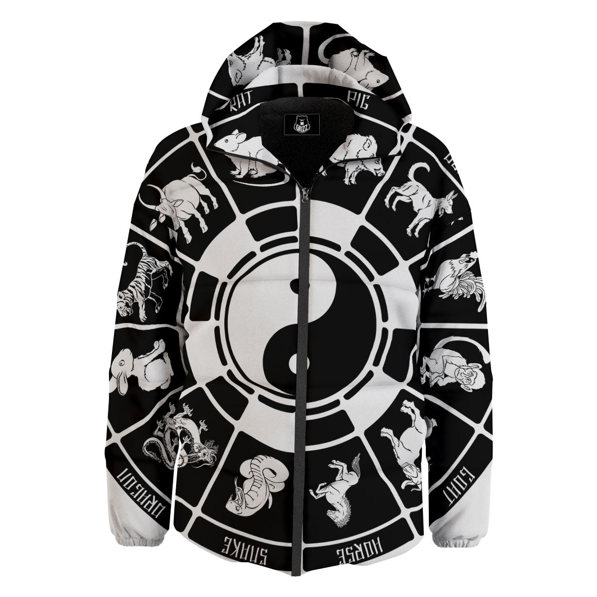 Chinese Zodiac White And Black Print Down Jacket-grizzshop
