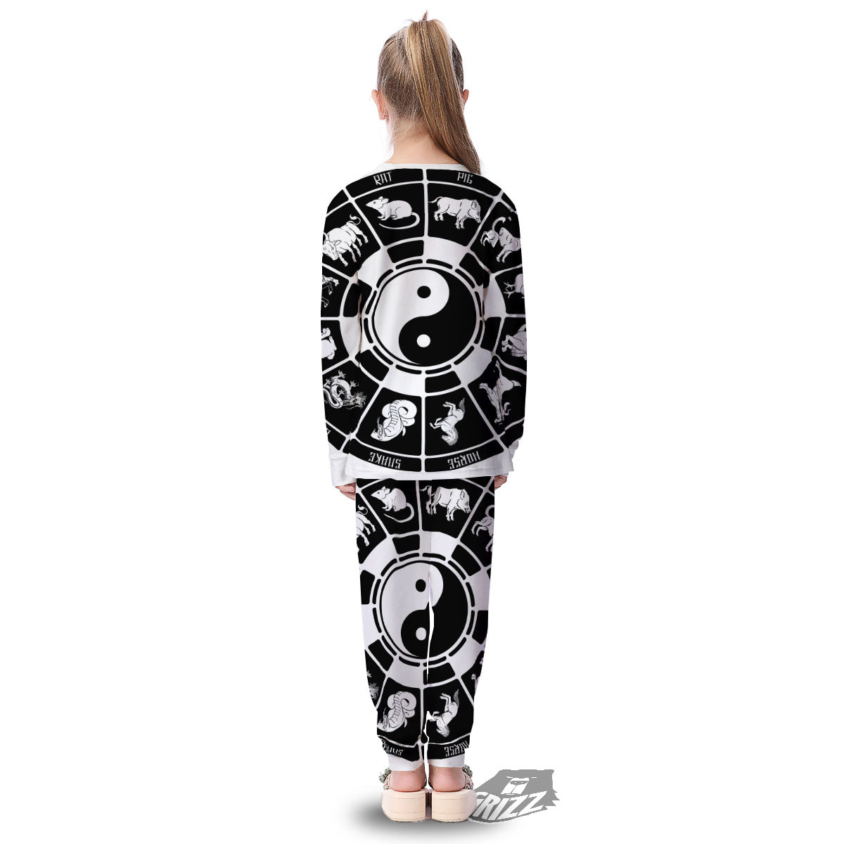 Chinese Zodiac White And Black Print Kid's Pajamas-grizzshop