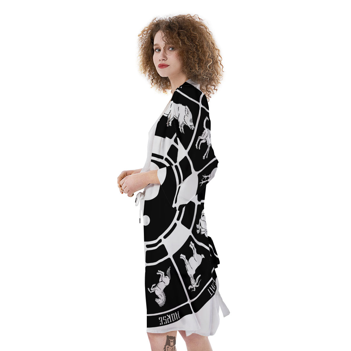 Chinese Zodiac White And Black Print Kimono-grizzshop